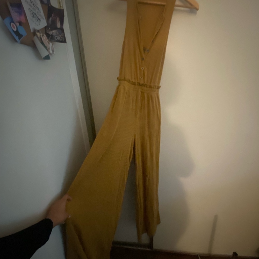 Free People Yellow V-Neck Jumpsuit with Wide-Leg Design
